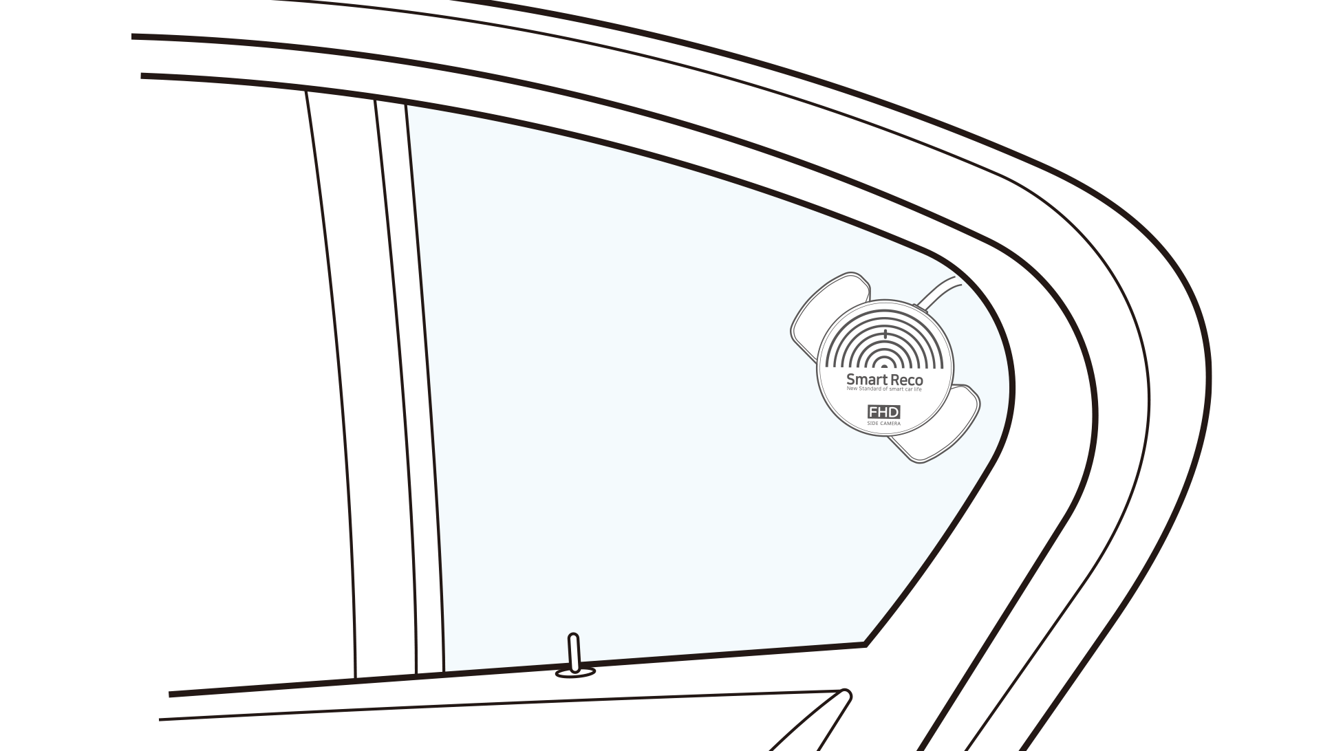 ハッチバック・セダン等でクォーターガラスが無い車種は、リアドア内張を通して可動しないリアドアガラスの三角窓に設置してください